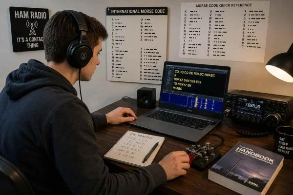 Ham radio beginner using modern Morse code learning tools